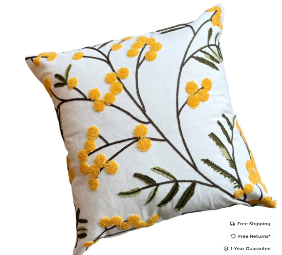 Yellow Bloom Leaf Embroidery Cushion Cover – Soft Microfiber Blend with Hidden Zipper, Machine Washable, 18x18 and 12x20 Compatible